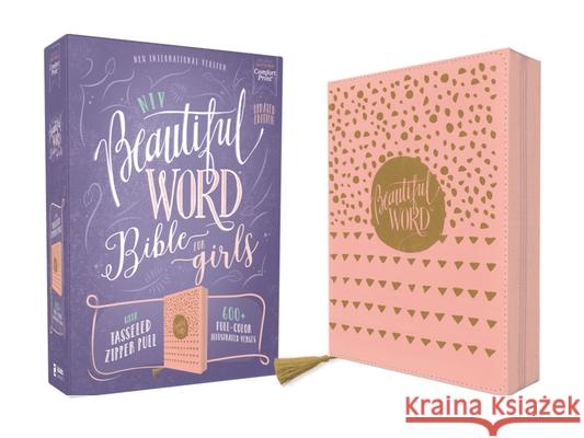 Niv, Beautiful Word Bible for Girls, Updated Edition, Leathersoft, Zippered, Pink, Red Letter, Comfort Print: 600+ Full-Color Illustrated Verses  9780310455288 Zonderkidz