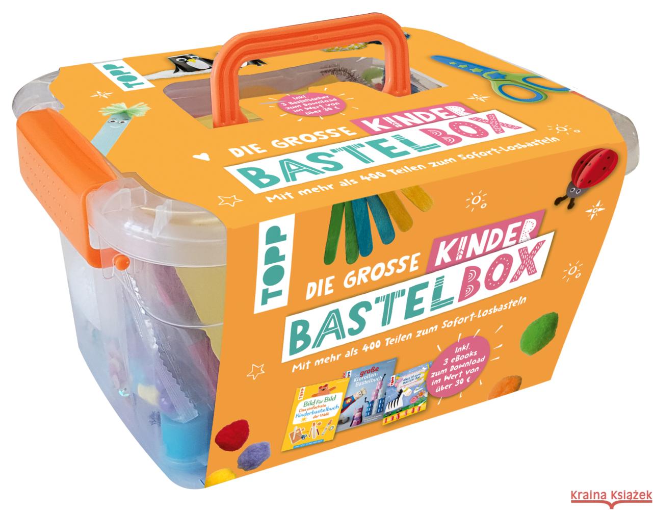 Die große Kinderbastelbox. Inkl. 3 Bastelbücher zum Downloaden. Mit Material und Anleitungen für lustige Bastelprojekte frechverlag 4007742184636