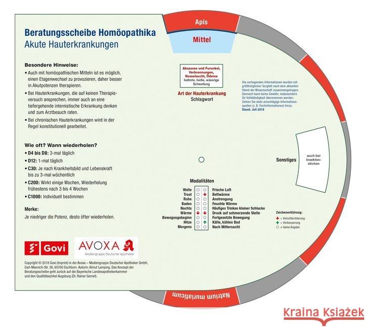 Beratungsscheibe Homöopathika: Akute Hauterkrankungen Lamping, Almut, Schlenk, Margit 4019547001148 Avoxa