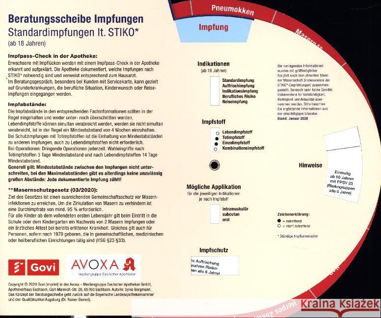 Beratungsscheibe Impfungen : Standardimpfungen für Erwachsene (STIKO) / Reise- und Indikationsimpfungen Bergmann, Sylke 4019547001193 Avoxa