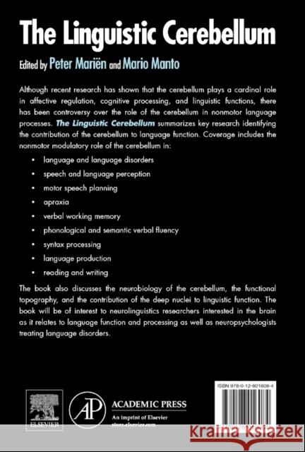 The Linguistic Cerebellum MariÃ«n, Peter Manto, Mario  9780128016084 Elsevier Science