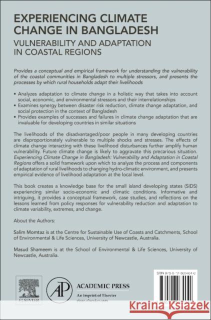 Experiencing Climate Change in Bangladesh: Vulnerability and Adaptation in Coastal Regions Momtaz, Salim Shameem, Masud  9780128034040