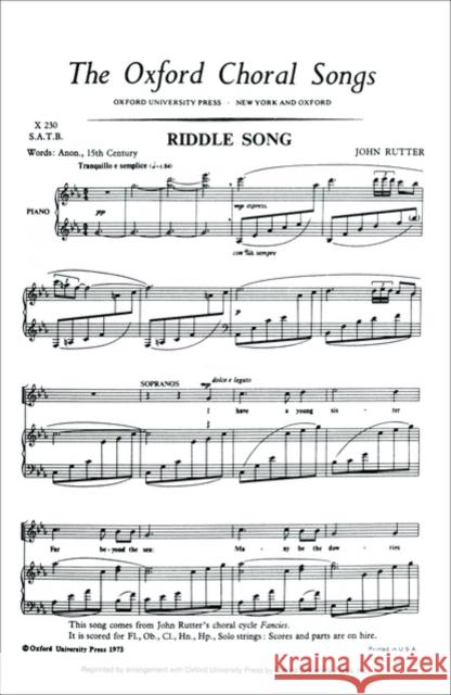 Riddle Song : from Fancies John Rutter   9780193855137 Oxford University Press