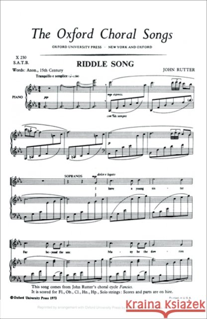 Riddle Song : from Fancies John Rutter   9780193855137
