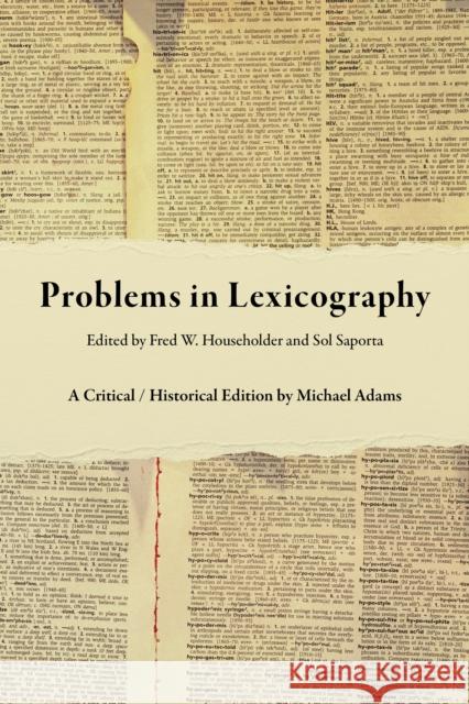 Problems in Lexicography: A Critical / Historical Edition Michael Adams Fred D. Householder Sol Saporta 9780253063274