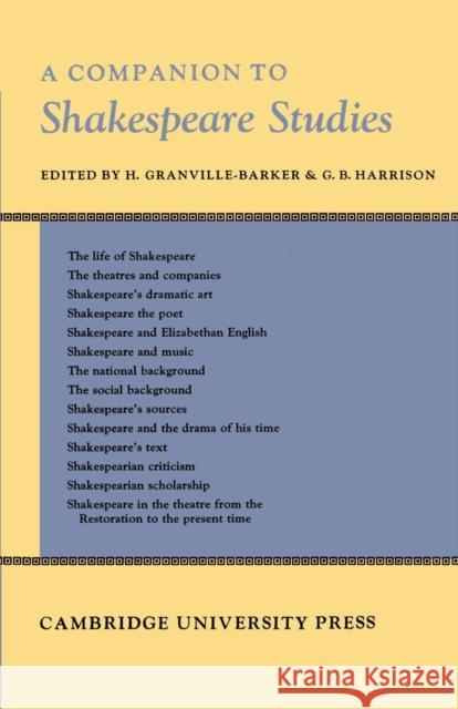A Companion to Shakespeare Studies Granville-Barker, H. 9780521159012 Cambridge University Press