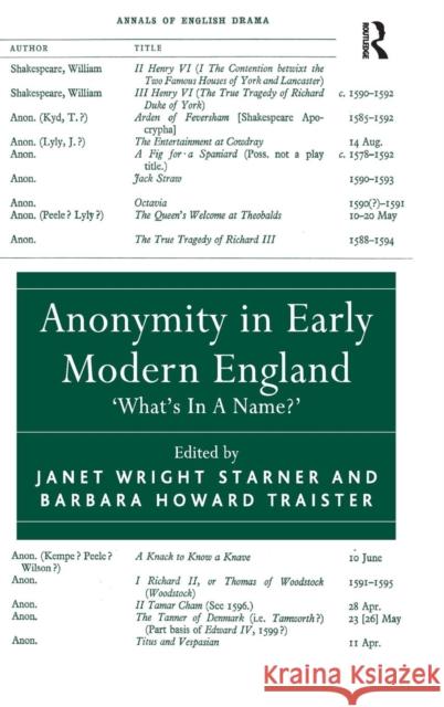 Anonymity in Early Modern England: 'What's in a Name?' Traister, Barbara Howard 9780754669494