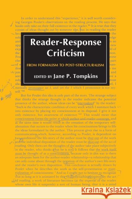 Reader-Response Criticism: From Formalism to Post-Structuralism Tompkins, Jane P. 9780801824012