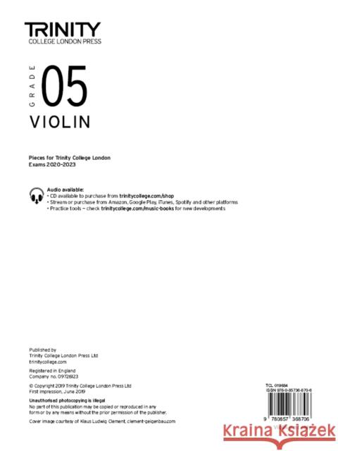 Trinity College London Violin Exam Pieces From 2020: Grade 5 (part only) Trinity College London 9780857368706