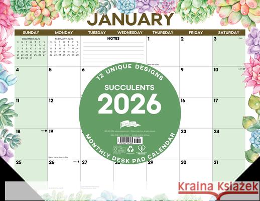 Succulents 2026 22 X 17 Large Monthly Deskpad Willow Creek Press 9781549257285 Willow Creek Press Calendars