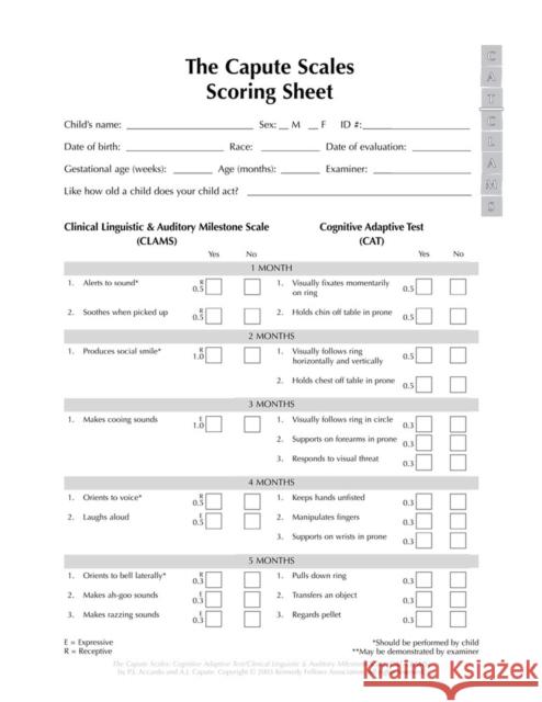 The Capute Scales Scoring Sheets: Cognitive Adaptive Test / Clinical Linguistic Auditory Milestone Scale Pasquale J. Accardo, Arnold J. Capute, Paul F. Visintainer, Mary Leppert, Thomas R. Montgomery, Brian T. Rogers, Michael 9781557668141 Brookes Publishing Co