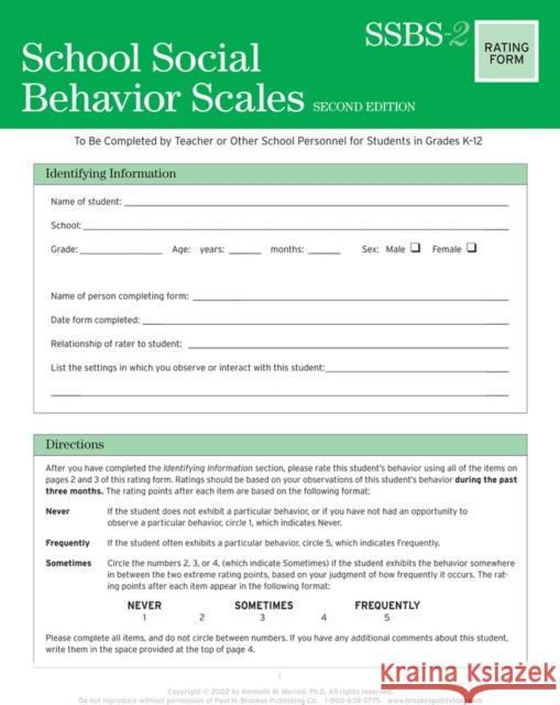 School Social Behavior Scales Rating Form Merrell, Kenneth 9781557669902