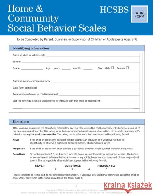 Home and Community Social Behavior Scales Rating Form Merrell, Kenneth 9781557669926 Paul H Brookes Publishing