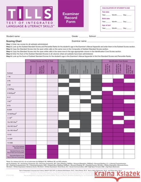 Test of Integrated Language and Literacy Skills(tm) (Tills(tm)) Examiner Record Forms Nicola Nelson 9781598578300