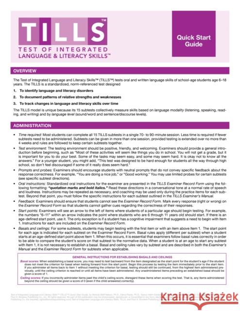Test of Integrated Language and Literacy Skills(tm) (Tills(tm)) Quick Start Guide Nicola Nelson 9781598579147 Brookes Publishing Company