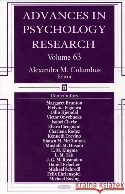 Advances in Psychology Research: Volume 63 Alexandra M Columbus 9781608760503 Nova Science Publishers Inc