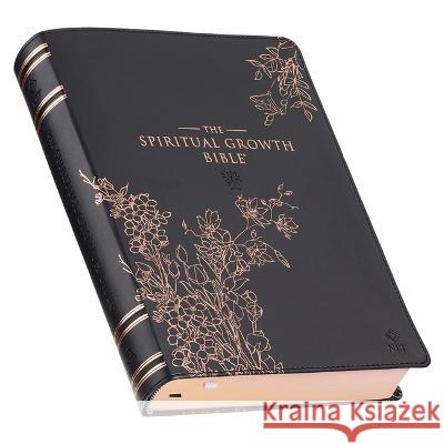 The Spiritual Growth Bible, Study Bible, NLT - New Living Translation Holy Bible, Faux Leather, Black Rose Gold Debossed Floral Christianart Gifts 9781639521302 Christian Art Gifts