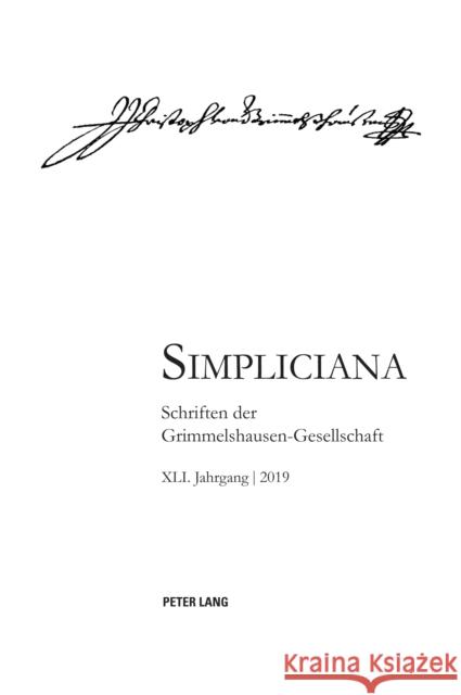 Simpliciana XLI (2019) He 9783034340274 Peter Lang Gmbh, Internationaler Verlag Der W