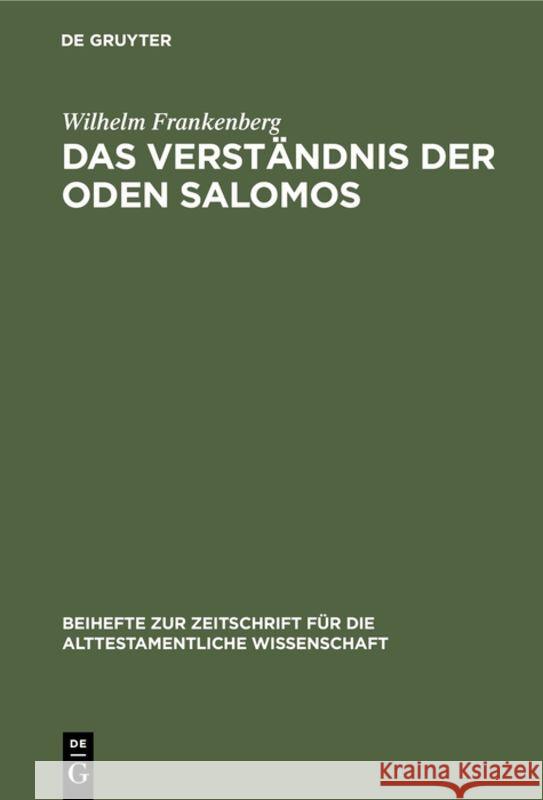 Das Verständnis Der Oden Salomos Wilhelm Frankenberg 9783111233338