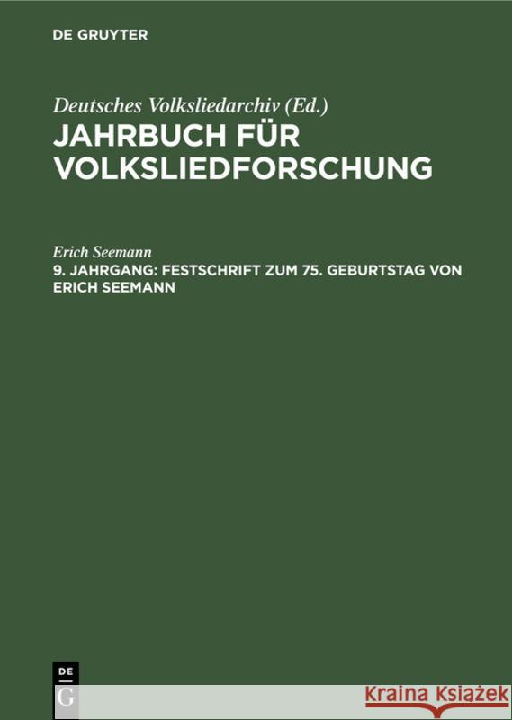 Festschrift zum 75. Geburtstag von Erich Seemann Seemann, Erich 9783112311332 de Gruyter