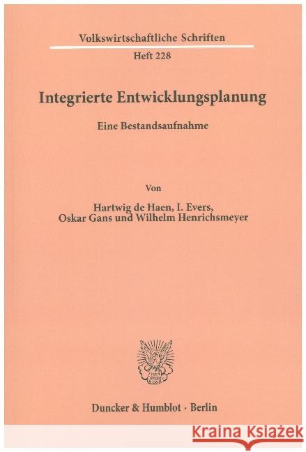 Integrierte Entwicklungsplanung: Eine Bestandsaufnahme Haen, Hartwig de 9783428033515 Duncker & Humblot