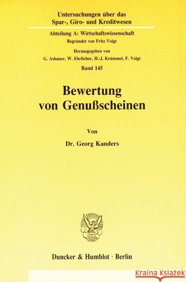 Bewertung Von Genussscheinen Kanders, Georg 9783428072262