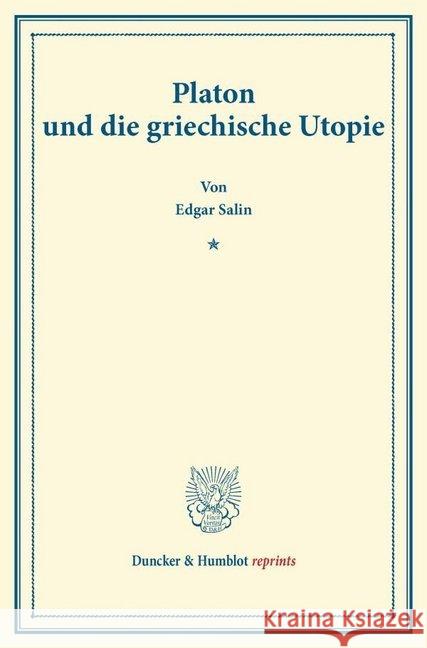 Platon Und Die Griechische Utopie Salin, Edgar 9783428168477 Duncker & Humblot