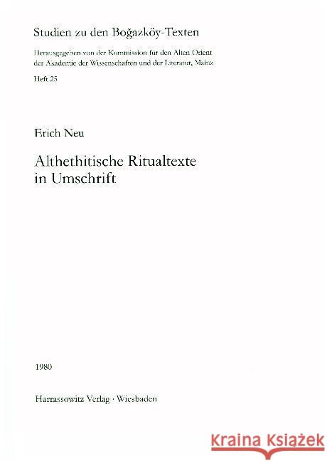 Althethitische Ritualtexte in Umschrift Neu, Erich 9783447020428 Harrassowitz