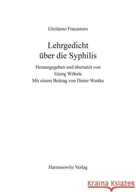 Lehrgedicht Uber Die Syphilis Fracastoro, Girolamo 9783447033831 Harrassowitz