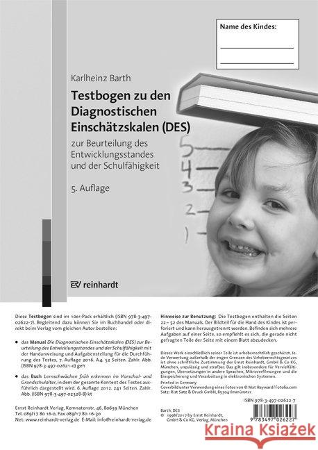 Testbogen zu den Diagnostischen Einschätzskalen (DES) zur Beurteilung des Entwicklungsstandes und der Schulfähigkeit Barth, Karlheinz 9783497026227