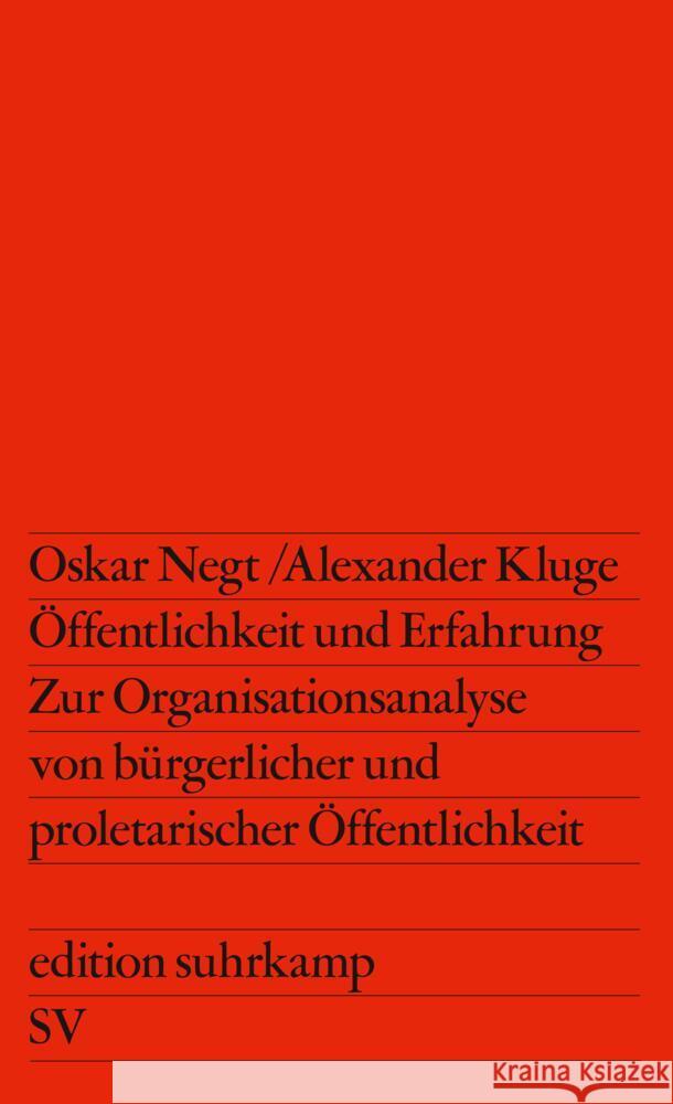 Öffentlichkeit und Erfahrung Kluge, Alexander, Negt, Oskar 9783518106396 Suhrkamp