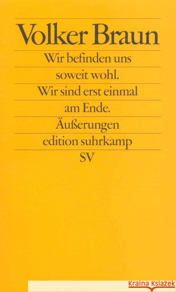 Wir befinden uns soweit wohl. Wir sind erst einmal am Ende : Äußerungen Volker Braun 9783518120880 Suhrkamp Publishers