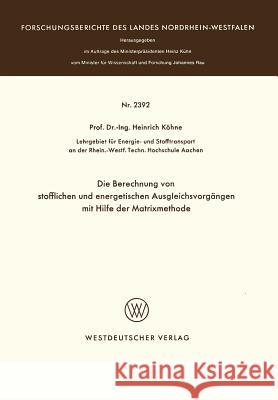 Die Berechnung Von Stofflichen Und Energetischen Ausgleichsvorgängen Mit Hilfe Der Matrixmethode Köhne, Heinrich 9783531023922 Vs Verlag Fur Sozialwissenschaften