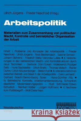 Arbeitspolitik Ulrich Jurgenglishs Frieder Naschold 9783531116419