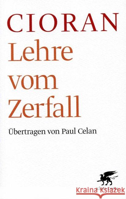 Lehre vom Zerfall Cioran, Emile M. Celan, Paul  9783608938890 Klett-Cotta