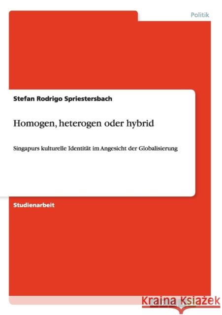 Homogen, heterogen oder hybrid: Singapurs kulturelle Identität im Angesicht der Globalisierung Spriestersbach, Stefan Rodrigo 9783640620029 Grin Verlag