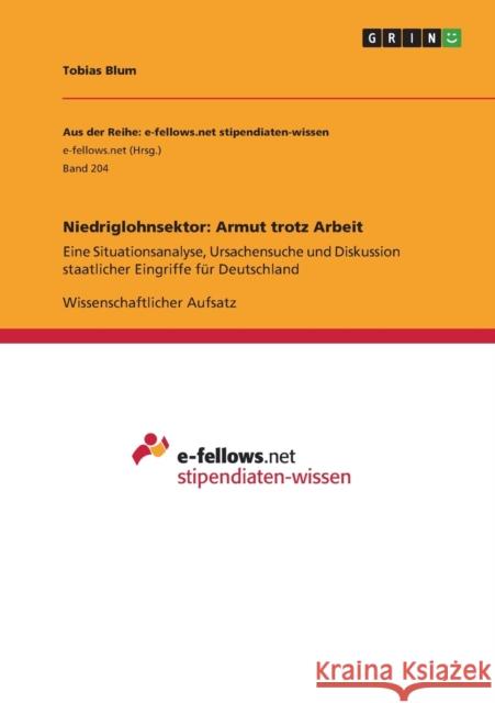 Niedriglohnsektor: Armut trotz Arbeit: Eine Situationsanalyse, Ursachensuche und Diskussion staatlicher Eingriffe für Deutschland Blum, Tobias 9783640998944 Grin Verlag