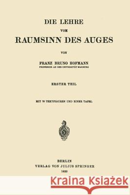 Die Lehre Vom Raumsinn Des Auges: Erster Teil Hofmann, Franz Bruno 9783642898693