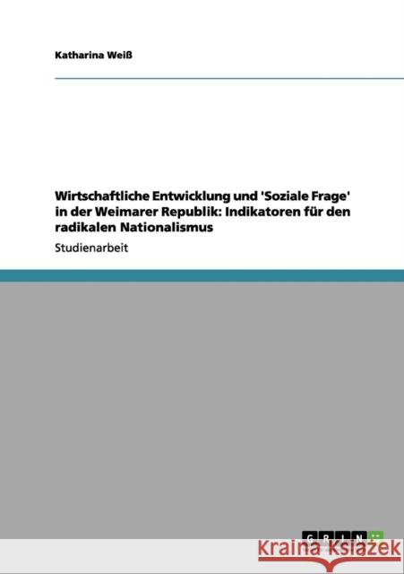 Wirtschaftliche Entwicklung und 'Soziale Frage' in der Weimarer Republik: Indikatoren für den radikalen Nationalismus Weiß, Katharina 9783656154938 Grin Verlag