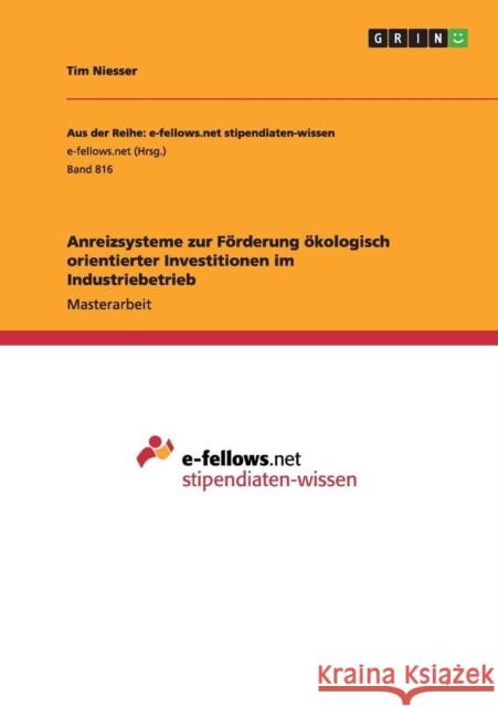 Anreizsysteme zur Förderung ökologisch orientierter Investitionen im Industriebetrieb Niesser, Tim 9783656511724 Grin Verlag