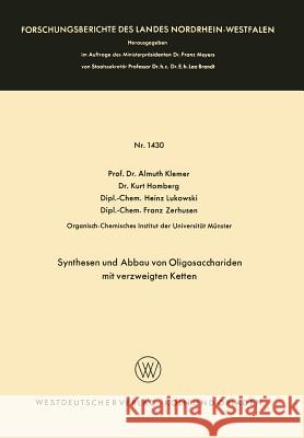 Synthesen Und Abbau Von Oligosacchariden Mit Verzweigten Ketten Almuth Klemer Kurt Homberg Heinz Lukowski 9783663039235