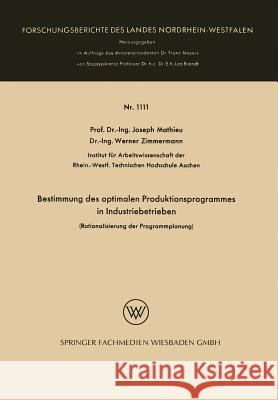 Bestimmung Des Optimalen Produktionsprogrammes in Industriebetrieben: Rationalisierung Der Programmplanung Joseph Mathieu 9783663062264