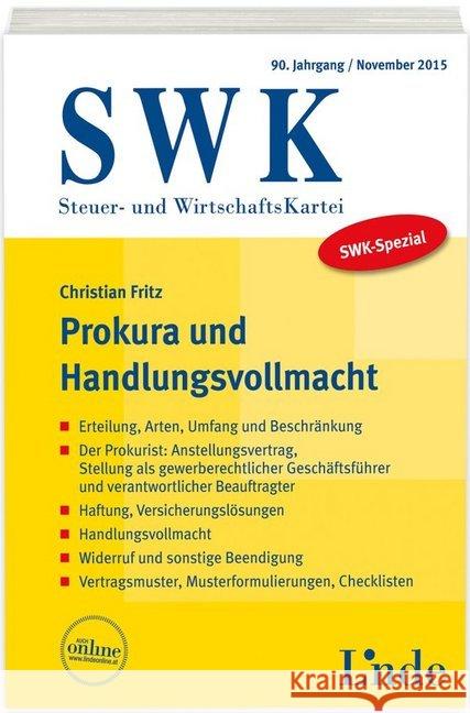 SWK-Spezial Prokura und Handlungsvollmacht (f. Österreich) Fritz, Christian 9783707333862 Linde, Wien