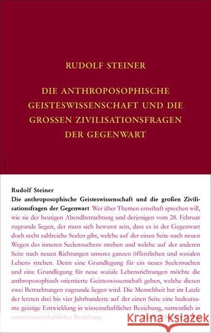 Die anthroposophische Geisteswissenschaft und die großen Zivilisationsfragen der Gegenwart Steiner, Rudolf 9783727408083 Rudolf Steiner Verlag