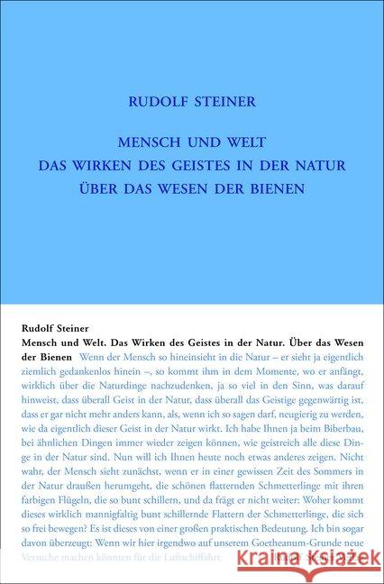 Mensch und Welt. Das Wirken des Geistes in der Natur - über das Wesen der Bienen Steiner, Rudolf 9783727435126 Rudolf Steiner Verlag