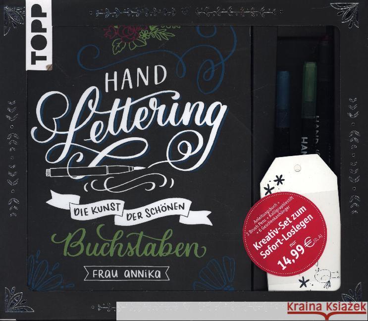 Kreativ-Set Handlettering : Buch mit Anleitungen und Inspirationen sowie 3 Brush Pens, Kalligraphiestift und 6 Geschenkanhängern Frau Annika 9783772443367 Frech