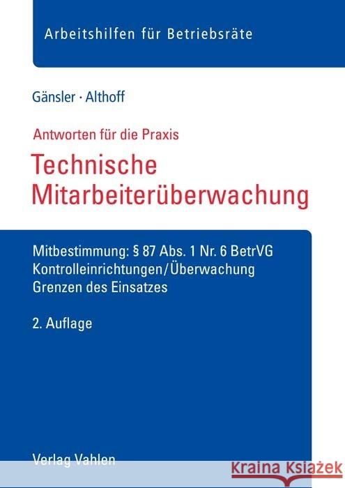 Technische Mitarbeiterüberwachung Althoff, Lars, Gänsler, Karsten 9783800668465 Vahlen