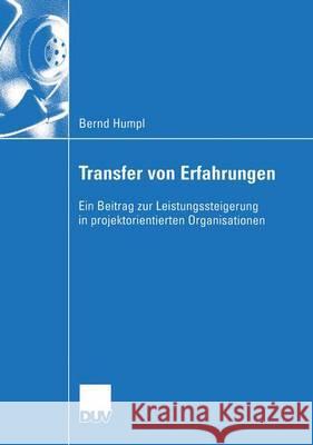 Transfer Von Erfahrungen Bernd Humpl 9783824407460 Springer