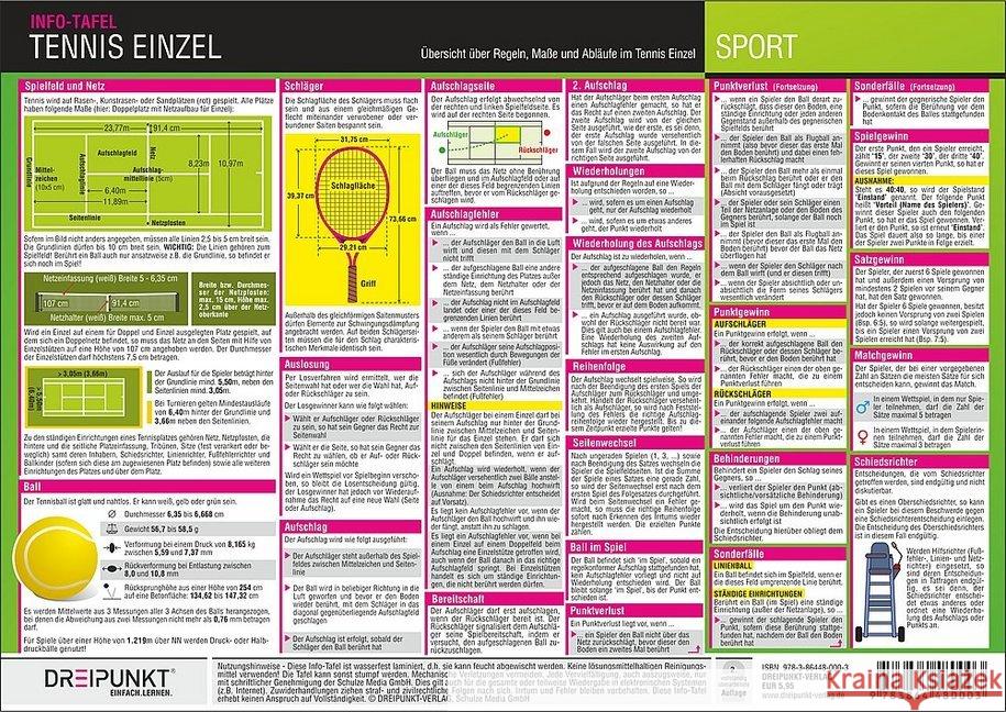 Tennis - Einzel, Infotafel : Regeln, Abläufe und Maße Schulze, Michael 9783864480003 Dreipunkt Verlag