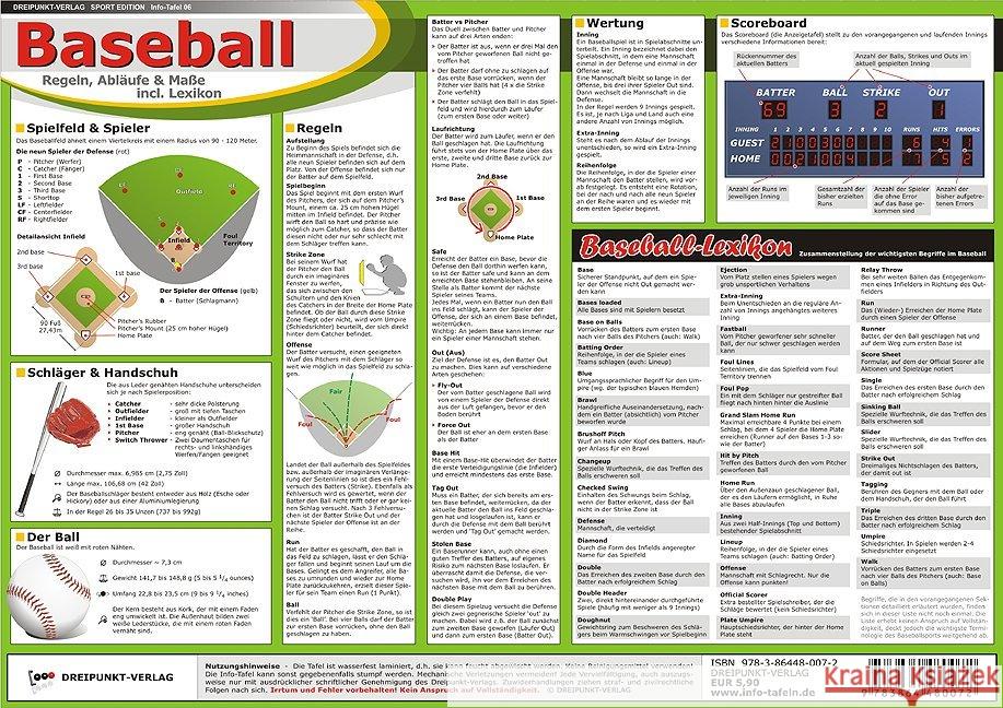Baseball, Infotafel : Regeln, Abläufe & Maße incl. Lexikon Schulze, Michael 9783864480072